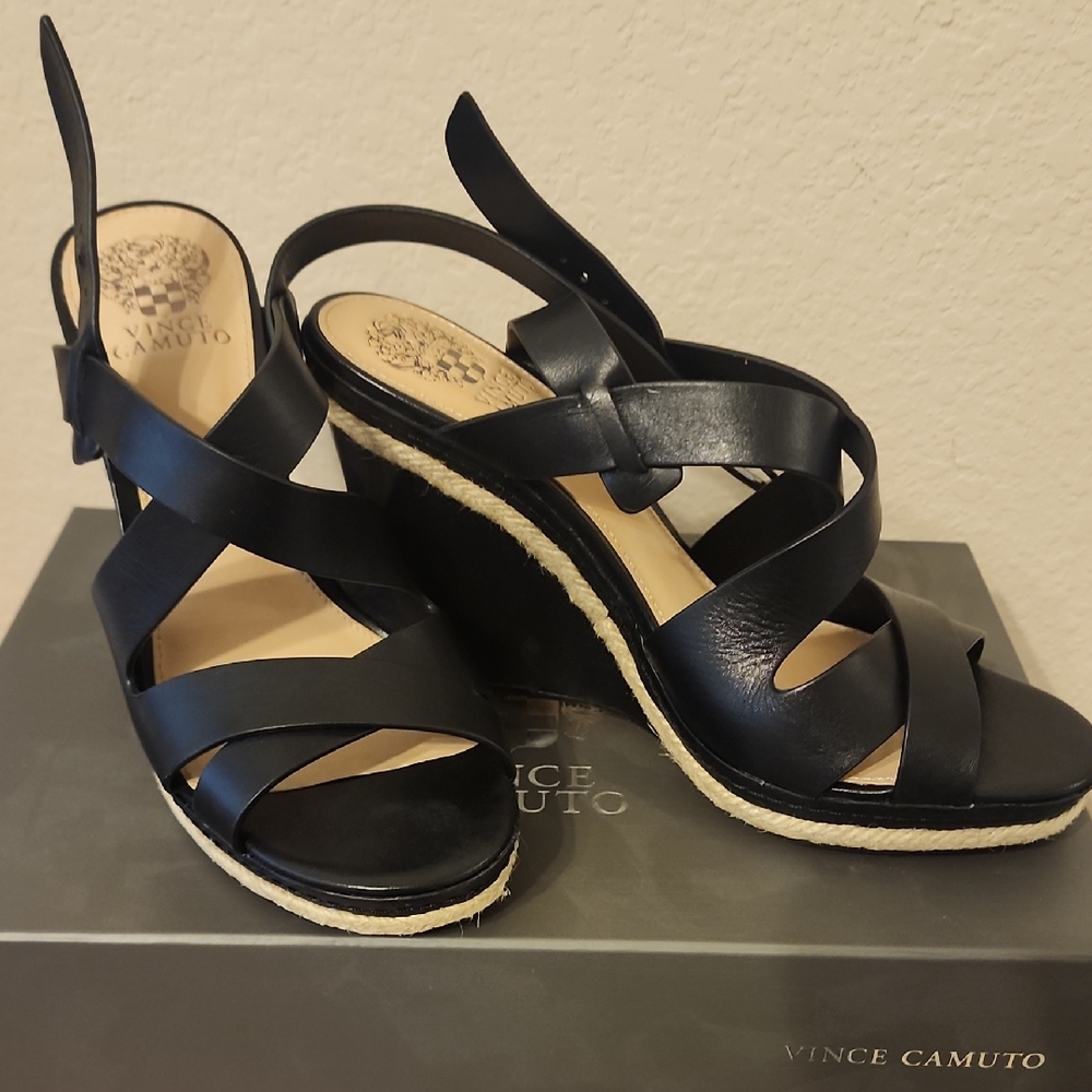 Vince Camuto Black Strappy Wedge Sandals-NEVER BEEN WORN